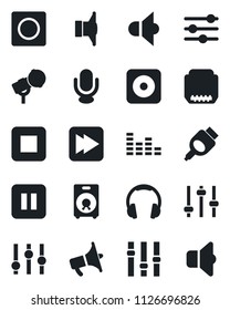Set of vector isolated black icon - microphone vector, speaker, loudspeaker, settings, equalizer, headphones, pause button, stop, fast forward, rec, hdmi, tuning, record, sound