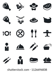 Set of vector isolated black icon - spoon and fork vector, waiter, dish, restaurant table, serviette, cafe, dress code, chicken, steak, kebab, ham, steaming pan, sushi