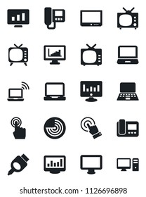 Set of vector isolated black icon - wireless notebook vector, radar, pc, statistic monitor, tv, touch screen, laptop, hdmi, statistics, intercome