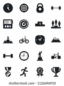 Set of vector isolated black icon - pedestal vector, medal, barbell, bike, run, heavy, clock, stopwatch, target, mountains, award cup