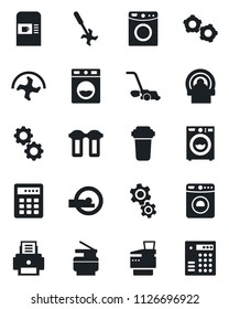 Set of vector isolated black icon - coffee machine vector, washer, gear, ripper, lawn mower, tomography, printer, copier, water filter, combination lock