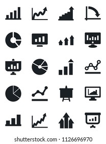 Set of vector isolated black icon - growth statistic vector, presentation board, crisis graph, monitor, circle chart, statistics, bar, pie, point, arrow up