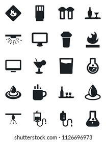 Set of vector isolated black icon - hot cup vector, water drop, dropper, flammable, monitor, alcohol, drink, cocktail, filter, sprinkler, flask