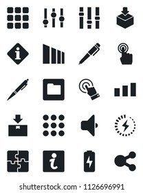 Set of vector isolated black icon - package vector, sorting, settings, touch screen, menu, folder, charge, application, pen, sound, information, social media