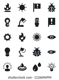 Set of vector isolated black icon - sun vector, bulb, lady bug, fire, eye, important flag, desk lamp, water, energy saving, shining head, idea