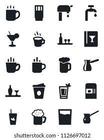 Set of vector isolated black icon - hot cup vector, coffee machine, water supply, alcohol, wine card, drink, cocktail, phyto bar, beer, turkish