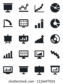 Set of vector isolated black icon - growth statistic vector, presentation board, crisis graph, circle chart, monitor pulse, statistics, bar, pie, point