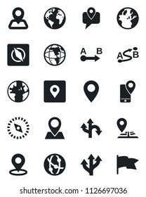 Set of vector isolated black icon - route vector, navigation, earth, pin, mobile tracking, network, place tag, compass, flag
