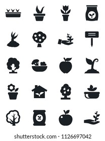 Set of vector isolated black icon - flower in pot vector, seedling, tree, sproute, plant label, fertilizer, fruit, salad, apple, eco house, palm