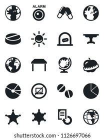 Set of vector isolated black icon - no laptop vector, ticket office, globe, document reload, pills, diet, earth, pie graph, table, police, alarm led