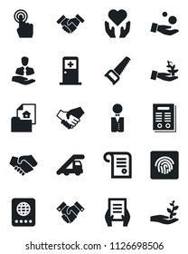 Set of vector isolated black icon - passport vector, ladder car, medical room, document, saw, heart hand, client, touch screen, fingerprint id, handshake, contract, estate, waiter, palm sproute