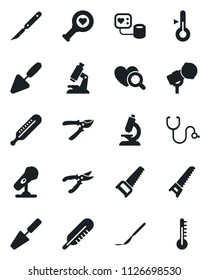 Set of vector isolated black icon - trowel vector, pruner, saw, stethoscope, blood pressure, thermometer, heart diagnostic, microscope, scalpel, microphone
