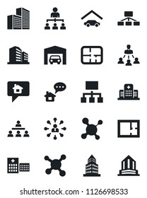 Set of vector isolated black icon - hierarchy vector, molecule, hospital, office building, garage, plan, home message