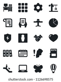 Set of vector isolated black icon - escalator vector, male, desk, document, butterfly, laptop pc, heart, menu, protect, settings, sd, pie graph, paper binder, handshake, crane, restaurant table