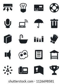 Set of vector isolated black icon - trash bin vector, credit card, wireless notebook, hierarchy, glove, clipboard, umbrella, speaker, equalizer, microphone, blank box, bathroom, wine, alcove, bulb