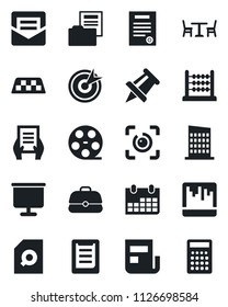 Set of vector isolated black icon - taxi vector, cafe, document, drawing pin, calendar, clipboard, reel, mail, scanner, eye id, presentation board, news, folder, search, abacus, contract, city house
