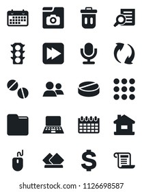 Set of vector isolated black icon - dollar sign vector, document search, mouse, notebook pc, calendar, pills, traffic light, term, microphone, group, fast forward, menu, update, folder, house