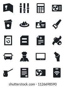 Set of vector isolated black icon - airport bus vector, identity card, document, coffee, reload, saw, diagnosis, joint, satellite, settings, tv, calculator, contract, air conditioner, cook, wine