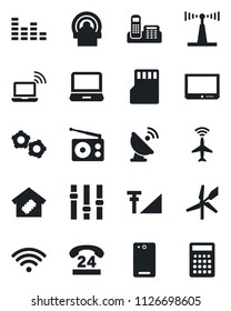 Set of vector isolated black icon - plane radar vector, wireless notebook, gear, tomography, 24 hours, satellite antenna, radio, settings, equalizer, tv, laptop pc, phone back, sd, cellular signal