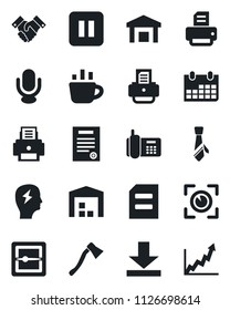 Set of vector isolated black icon - document vector, coffee, brainstorm, calendar, printer, axe, office phone, warehouse, microphone, pause button, scanner, download, tie, handshake, contract