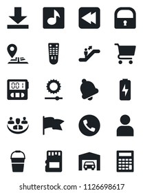 Set of vector isolated black icon - escalator vector, phone, bucket, navigation, remote control, rewind, user, stopwatch, bell, sd, download, brightness, lock, music, charge, company, garage, cart