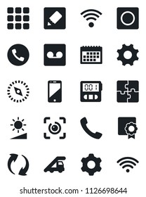 Set of vector isolated black icon - phone vector, ladder car, cell, call, menu, update, settings, stopwatch, record, notes, brightness, compass, eye id, application, sertificate, calendar, wireless