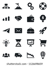 Set of vector isolated black icon - group vector, arrow up graph, gear, motivation, rocket, handshake, wallet, crisis, idea, cart, case, car, paper plane, hierarchy, management, mail, presentation