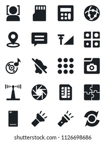 Set of vector isolated black icon - antenna vector, phone back, menu, message, mobile camera, calculator, sd, sim, network, torch, mute, place tag, face id, music, photo gallery, cellular signal