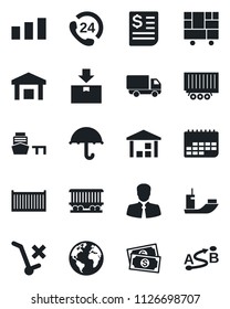 Set of vector isolated black icon - earth vector, railroad, cash, 24 hours, client, sea shipping, truck trailer, cargo container, car delivery, term, receipt, port, consolidated, umbrella, warehouse