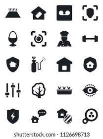 Set of vector isolated black icon - tree vector, seedling, garden sprayer, barbell, protect, tuning, record, face id, eye, smart home, estate insurance, cook, egg stand, warm floor, message