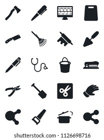 Set of vector isolated black icon - pen vector, job, trowel, rake, bucket, pruner, glove, saw, axe, monitor pulse, stethoscope, share, cut, stapler, rolling pin, cutting board, knife, steaming pan