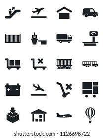 Set of vector isolated black icon - departure vector, arrival, airport bus, escalator, plane, railroad, cargo container, car delivery, sea port, consolidated, warehouse storage, no trolley, package