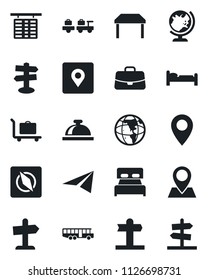 Set of vector isolated black icon - baggage trolley vector, airport bus, reception bell, globe, bed, larry, flight table, case, signpost, pin, place tag, compass, bedroom, earth, paper plane