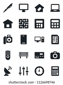 Set of vector isolated black icon - credit card vector, bench, clock, satellite antenna, camera, monitor, laptop pc, phone back, tuning, calculator, sim, pen, smart home, chip, remote control