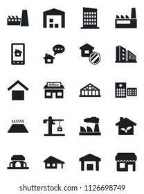 Set of vector isolated black icon - factory vector, greenhouse, hospital, store, warehouse storage, house with garage, office building, city, crane, estate insurance, cafe, eco, home control app