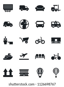 Set of vector isolated black icon - departure vector, airport bus, waiting area, fork loader, wheelbarrow, ambulance car, bike, earth, railroad, sea shipping, truck trailer, delivery, port