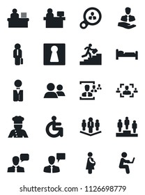 Set of vector isolated black icon - female vector, bed, speaking man, pedestal, manager place, disabled, pregnancy, client, speaker, group, hr, desk, career ladder, company, waiter, cook