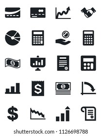 Set of vector isolated black icon - credit card vector, handshake, growth statistic, dollar sign, crisis graph, cash, receipt, calculator, bar, pie, contract, investment, presentation
