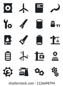 Set of vector isolated black icon - gear vector, factory, saw, sickle, sea port, oil barrel, battery, low, root setup, sun panel, windmill, crane, water heater
