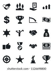 Set of vector isolated black icon - dispatcher vector, handshake, dollar sign, pedestal, medal, money bag, document, cash, finger up, target, police, arrow graph, crisis, award cup