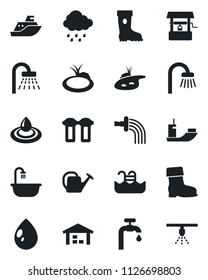 Set of vector isolated black icon - shower vector, watering can, boot, water drop, rain, well, pond, sea shipping, pool, supply, warehouse, bathroom, filter, sprinkler