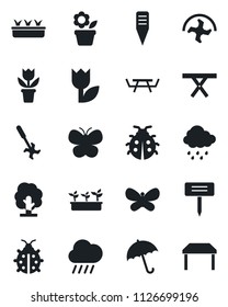 Set of vector isolated black icon - umbrella vector, flower in pot, ripper, tree, butterfly, lady bug, seedling, rain, plant label, picnic table, tulip