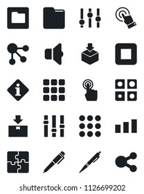 Set of vector isolated black icon - package vector, sorting, settings, touch screen, stop button, menu, folder, application, pen, sound, information, social media