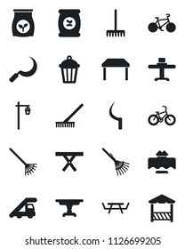 Set of vector isolated black icon - ladder car vector, rake, sickle, garden light, picnic table, fertilizer, bike, restaurant, alcove