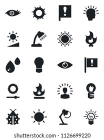 Set of vector isolated black icon - sun vector, bulb, lady bug, fire, eye, important flag, brightness, desk lamp, water, shining head, idea
