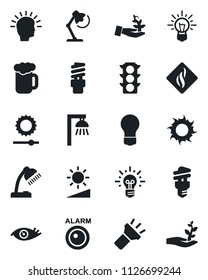 Set of vector isolated black icon - bulb vector, sun, eye, traffic light, torch, brightness, desk lamp, beer, smoke detector, energy saving, outdoor, alarm led, palm sproute, shining head, idea