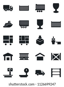 Set of vector isolated black icon - railroad vector, sea shipping, truck trailer, cargo container, car delivery, port, consolidated, fragile, warehouse storage, package, heavy scales, rack