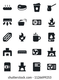 Set of vector isolated black icon - hot cup vector, coffee machine, fire, fireplace, air conditioner, bread, steak, dog, steaming pan, turkish, water heater