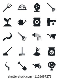 Set of vector isolated black icon - job vector, farm fork, rake, watering can, wheelbarrow, sproute, hoe, sickle, greenhouse, fertilizer, drip irrigation, fruit tree
