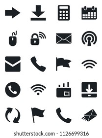 Set of vector isolated black icon - phone vector, right arrow, mail, mouse, calendar, call, update, download, wireless, calculator, lock, flag